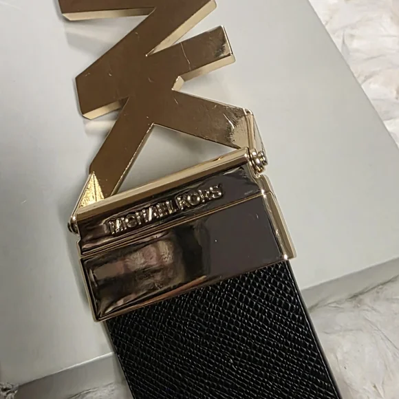 Michael Kors Black Leather Belt with Gold MK Buckle - Picture 4 of 5